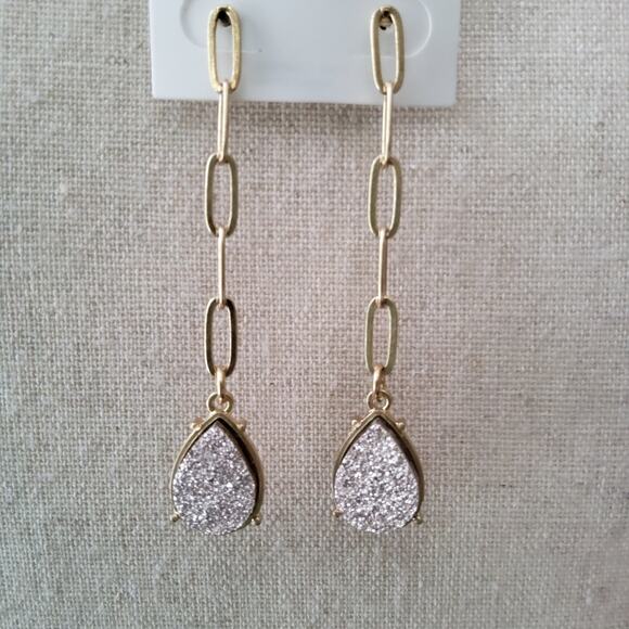 Faux Druzy Long Dangle Teardrop Gold Tone Chain Detail Earrings - Picture 1 of 6